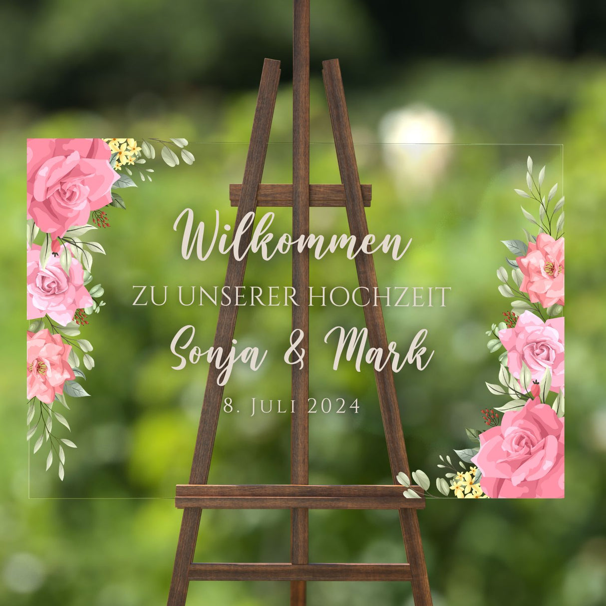 Hochzeitsschild "Rosa Rosen" mit beiger Schrift