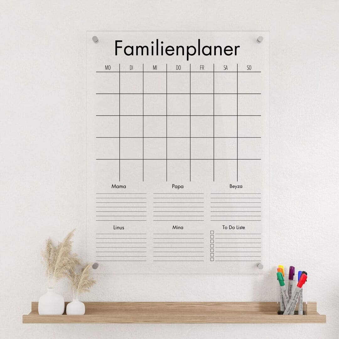 Familien Wochenplaner | 5-Namen Familienplaner aus Acryl Glas für die