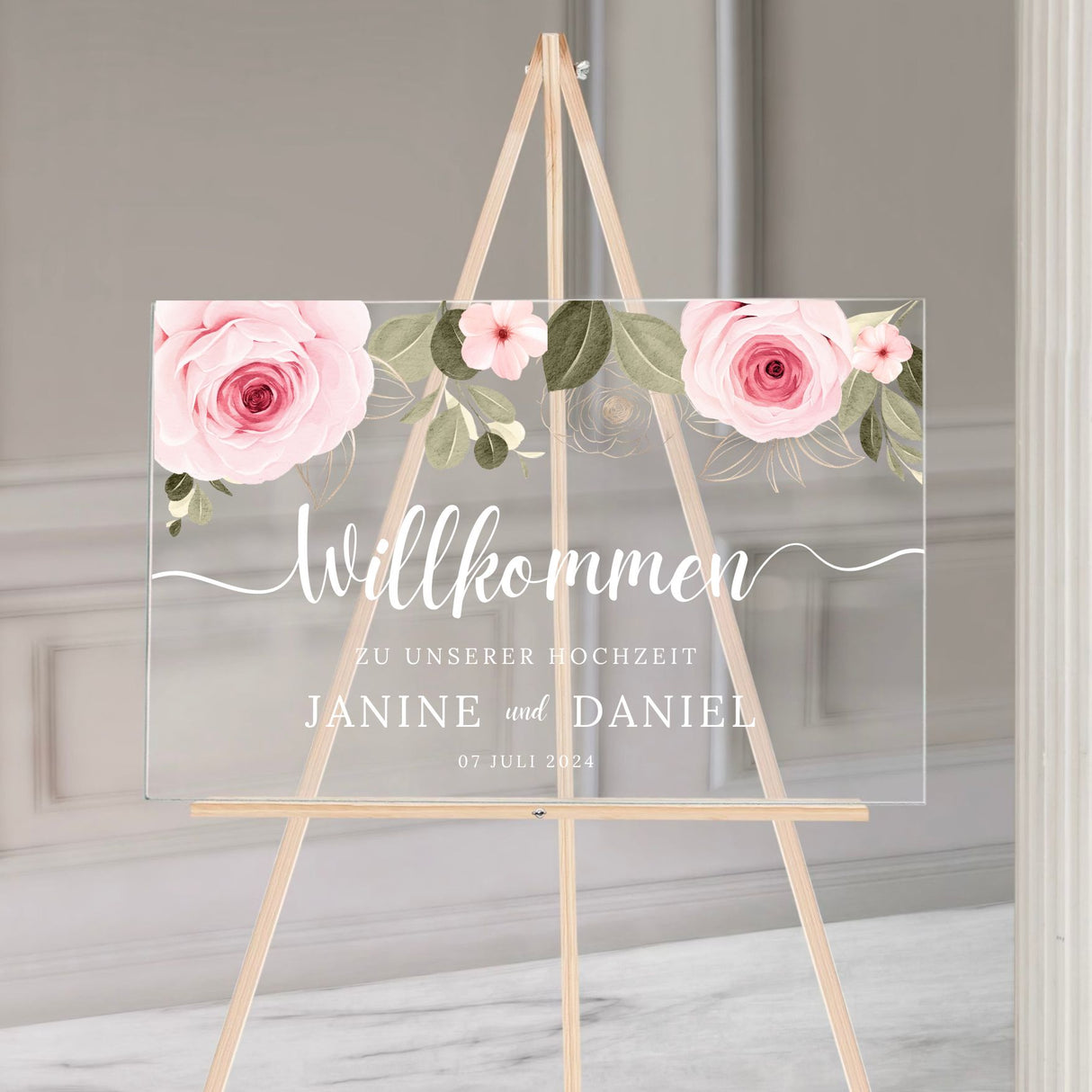 Hochzeitsschild "Rose" mit weißer Schrift