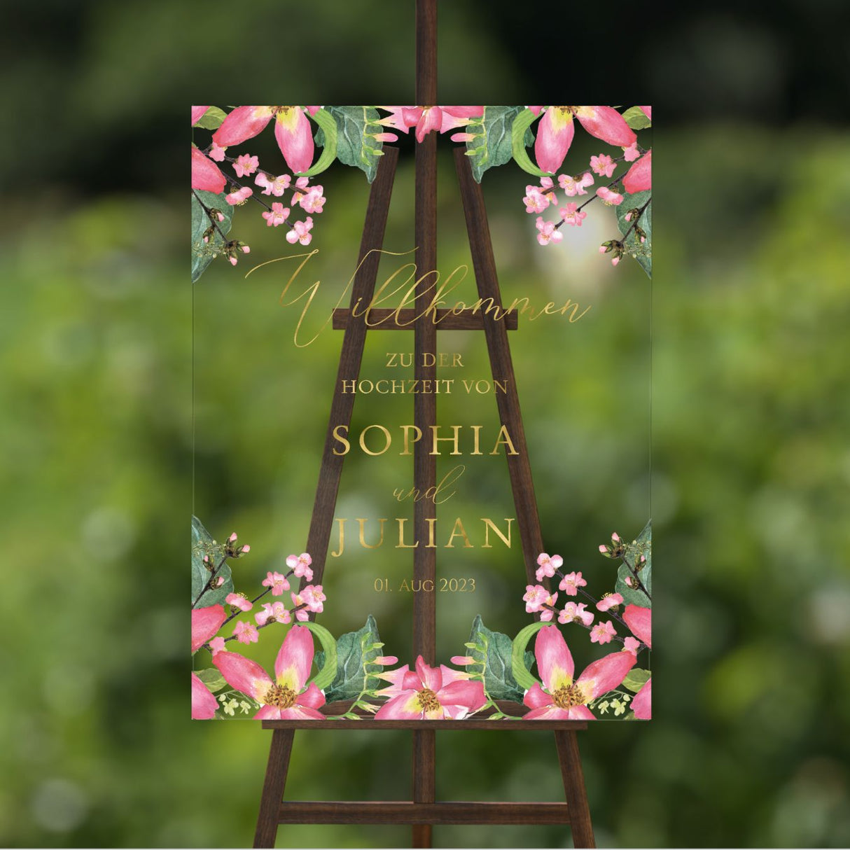 Elegantes Hochzeitsschild mit Blumendesign und Goldschrift | Hochkant