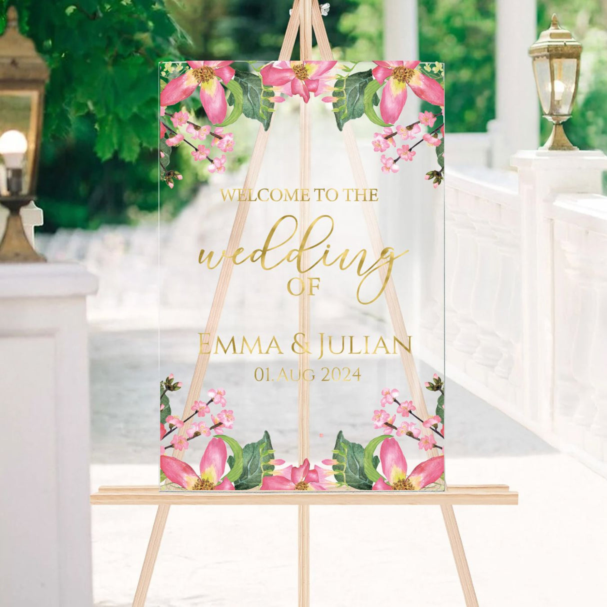 Elegantes Hochzeitsschild mit Blumendesign und Goldschrift | Englisch