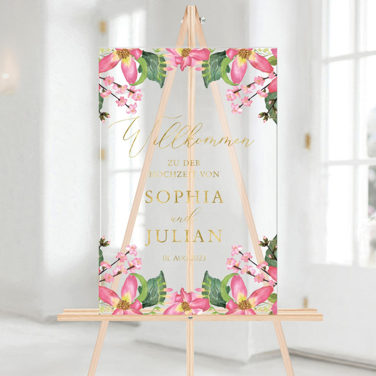 Elegantes Hochzeitsschild mit Blumendesign und Goldschrift | Hochkant