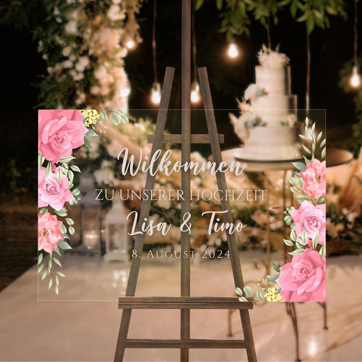 Hochzeitsschild "Rosa Rosen" mit beiger Schrift