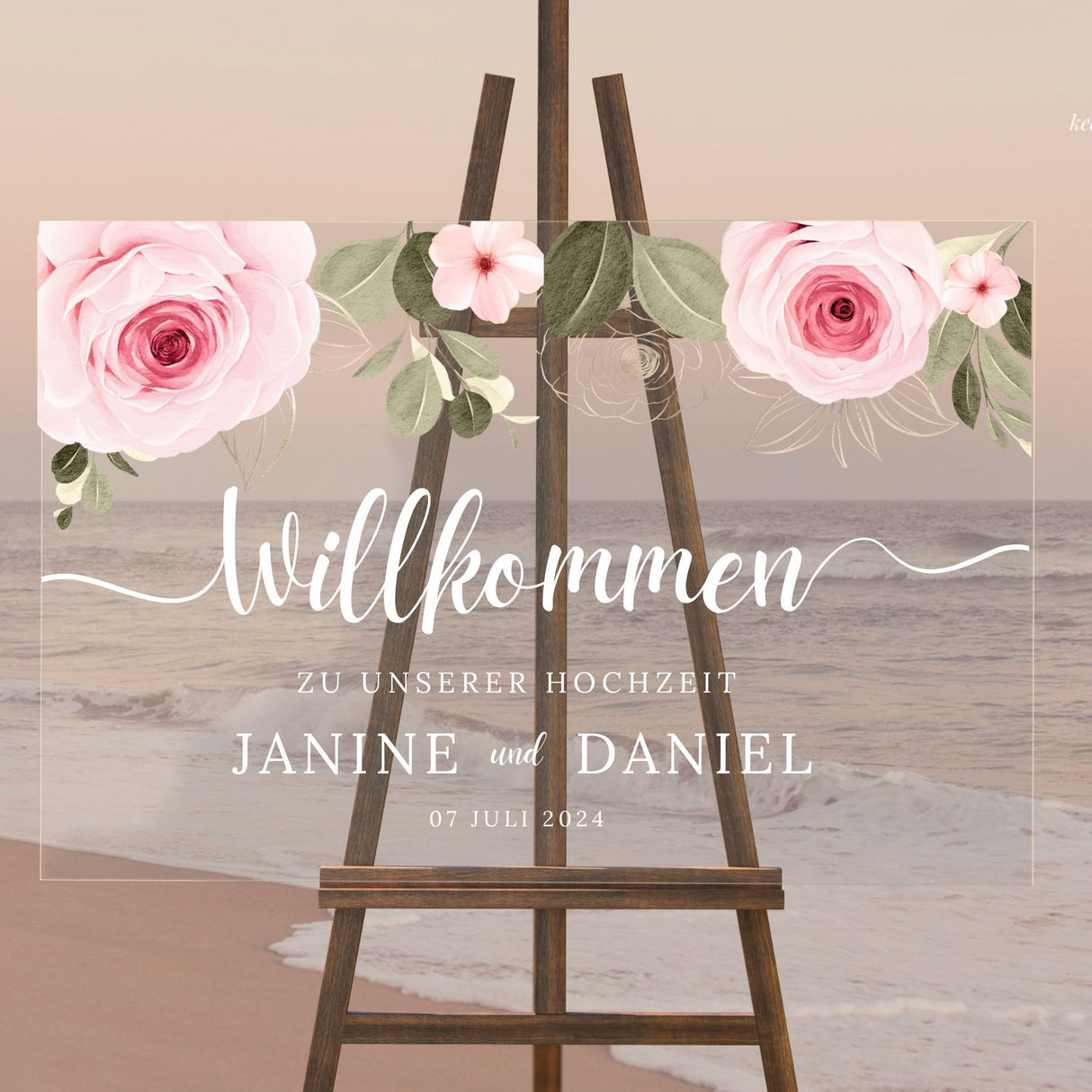 Hochzeitsschild "Rose" mit weißer Schrift