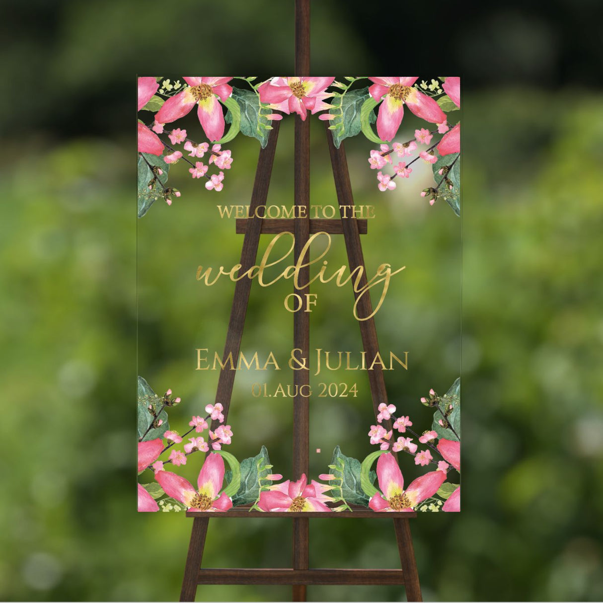 Elegantes Hochzeitsschild mit Blumendesign und Goldschrift | Englisch