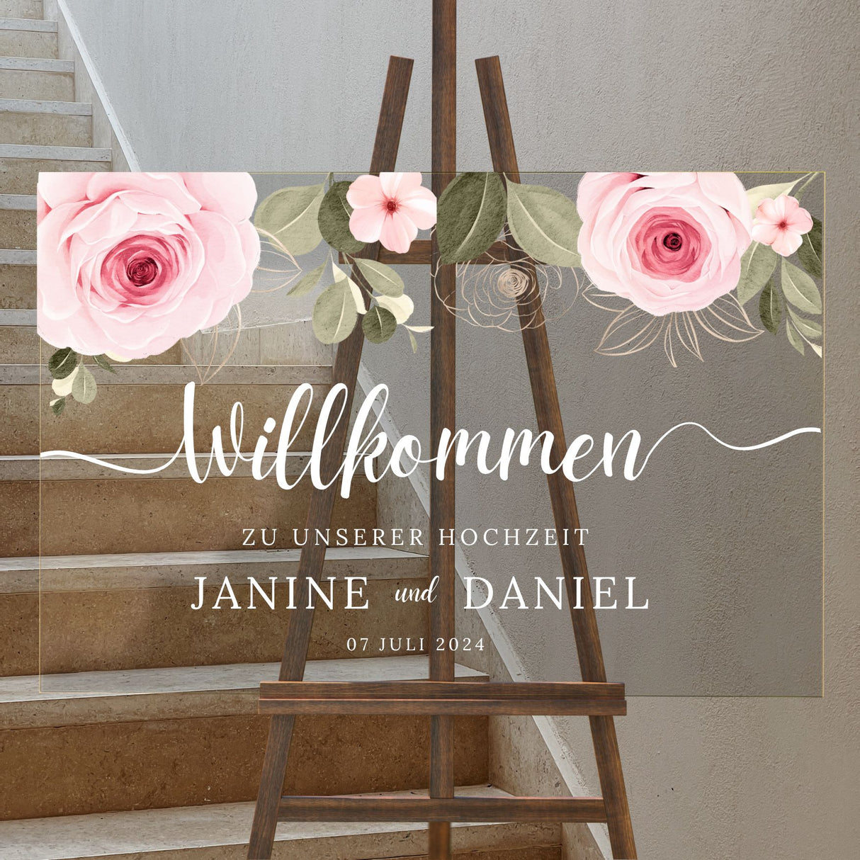 Hochzeitsschild "Rose" mit weißer Schrift