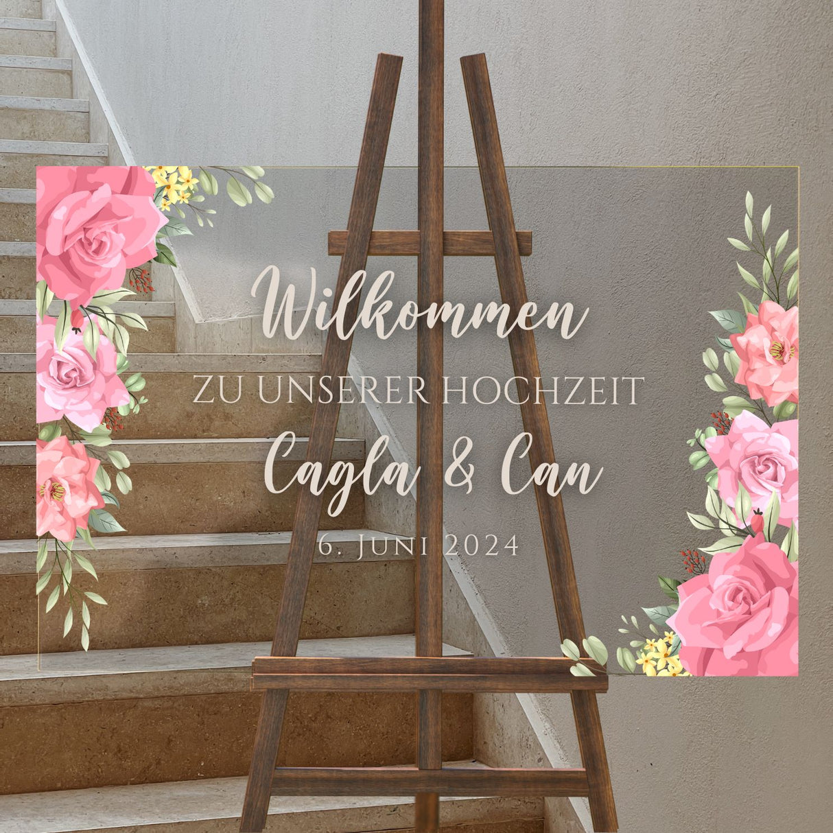 Hochzeitsschild "Rosa Rosen" mit beiger Schrift
