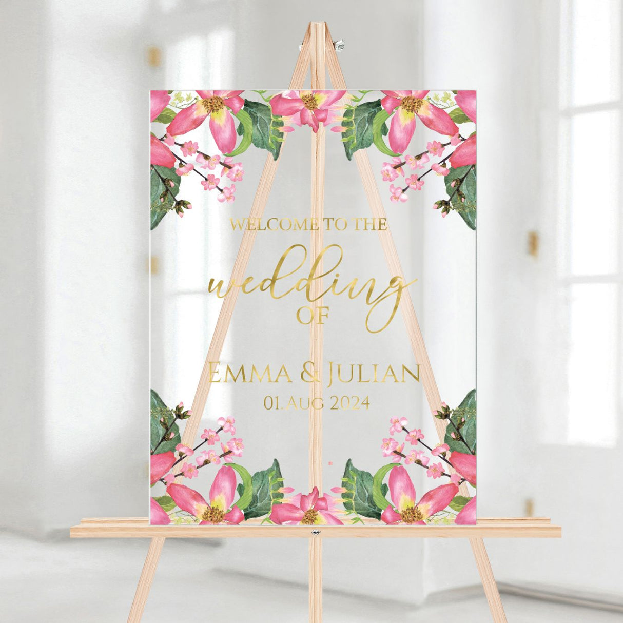 Elegantes Hochzeitsschild mit Blumendesign und Goldschrift | Englisch