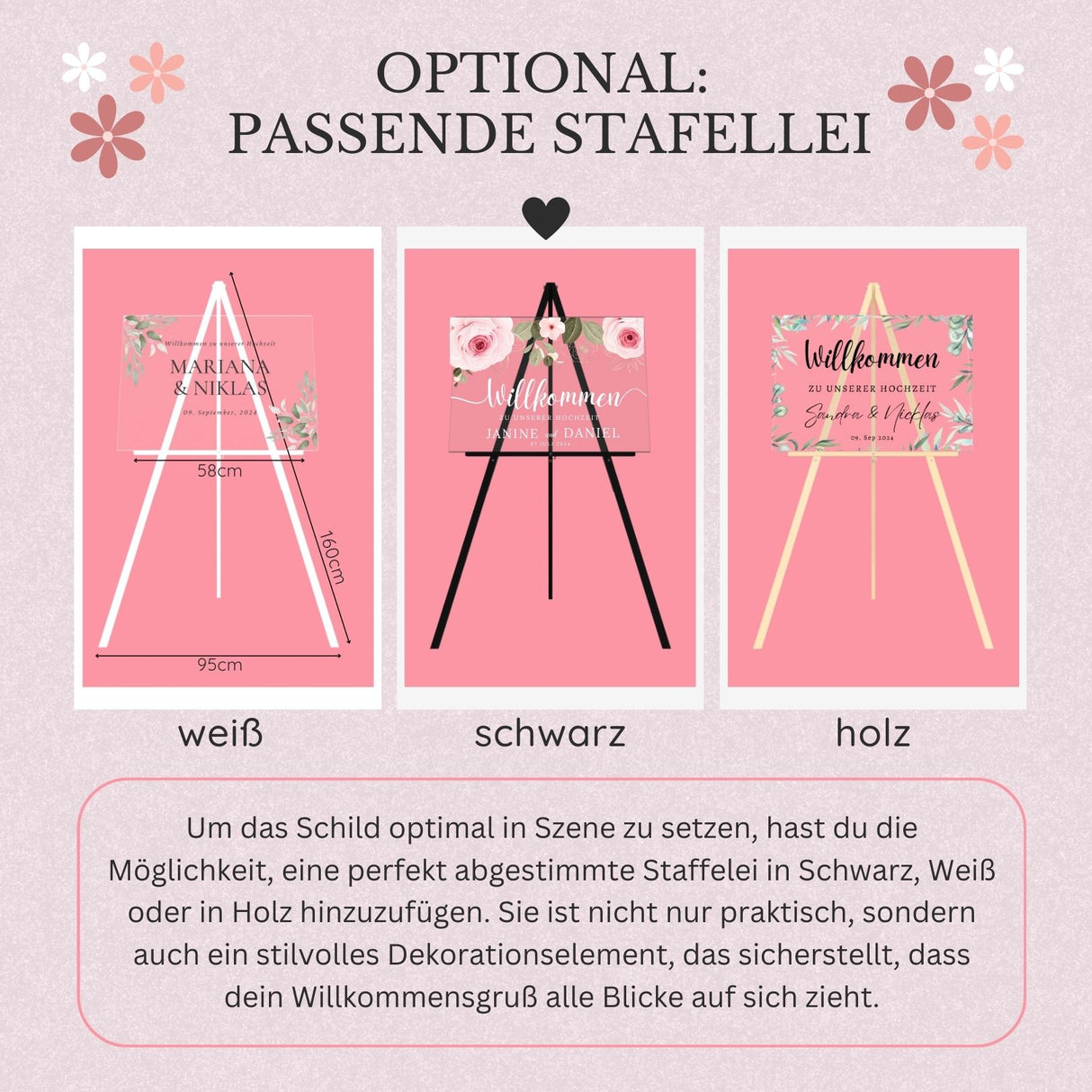 Hochzeitsschild "Rose" mit weißer Schrift