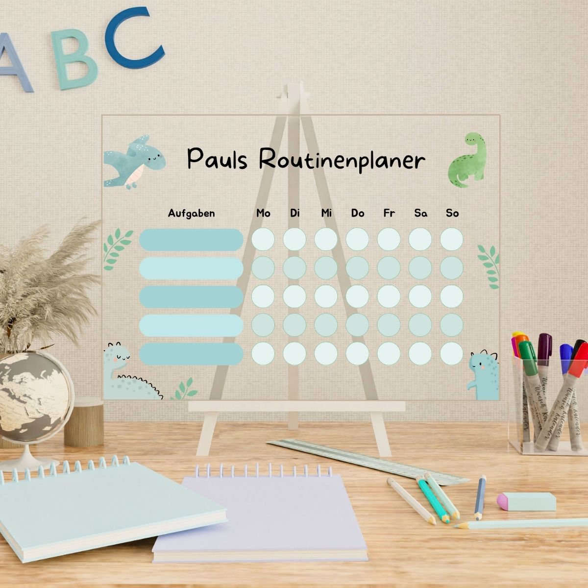 Routinenplaner "Dinos" für Kinder aus Acrylglas  Wiederverwendbarer 